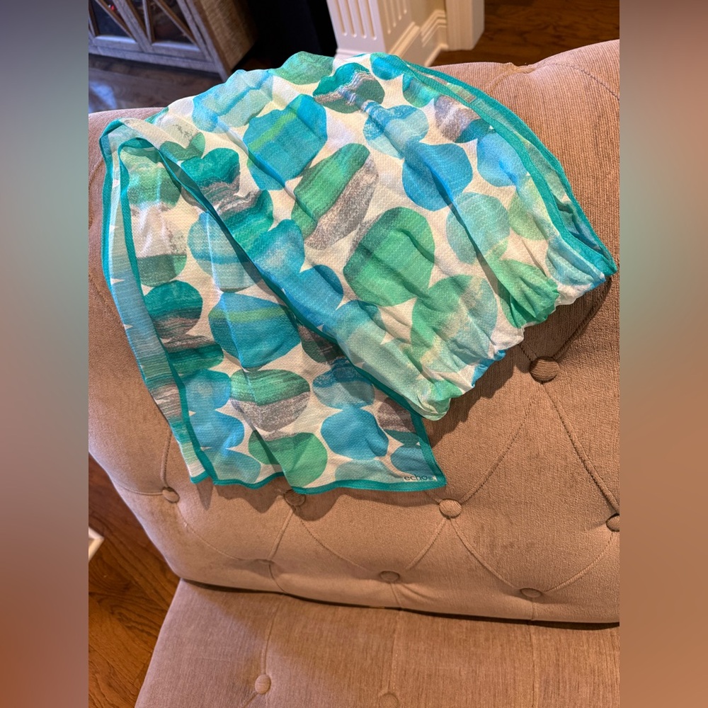 Vintage ECHO Silk Mod Scarf Retro Blue Green Grey Circles 58”